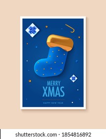 Christmas party poster template design. Xmas flyer in abstract realistic 3d style. Winter holiday event entrance ticket layout. Vector illustration.