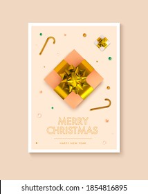 Christmas party poster template design. Xmas flyer in abstract realistic 3d style. Winter holiday event entrance ticket layout. Vector illustration.