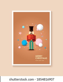 Christmas party poster template design. Xmas flyer in abstract realistic 3d style. Winter holiday event entrance ticket layout. Vector illustration.