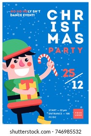 Christmas Party Poster Template Design. Xmas Flyer In Funny Cartoon Style. Winter Holiday Club Event Admission Or Entrance Ticket Layout. Vector Illustration