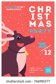 Christmas Party Poster Template Design. Xmas Flyer In Funny Cartoon Style. Winter Holiday Club Event Admission Or Entrance Ticket Layout. Vector Illustration