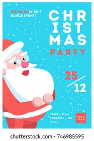 Christmas party poster template design. Xmas flyer in funny cartoon style. Winter holiday club event admission or entrance ticket layout. Vector illustration
