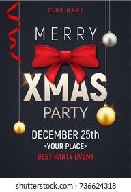 Christmas party poster template. Christmas gold balls and red bow flyer decoration invitation banner.
