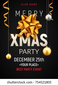 Christmas party poster template. Christmas gold silver balls and golden bow flyer decoration invitation banner