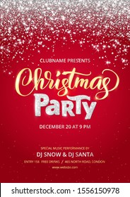 Christmas party poster template. Holiday flyer design, club invitation. Gold and silver sparkling glitter decoration, frame on red background. Christmas party text lettering.Free font Open Sans.Vector