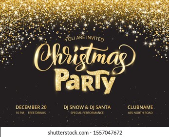 Christmas party poster template. Holiday flyer design, club invitation. Gold sparkling glitter decoration, frame on black background. Christmas party lettering. Free font Open Sans for text. Vector