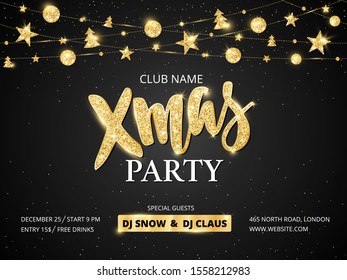 Christmas party poster template. Holiday flyer design, club invitation. Gold sparkling glitter decoration, frame on black background. Christmas party lettering.