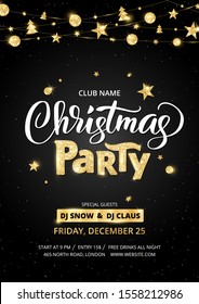 Christmas party poster template. Holiday flyer design, club invitation. Gold sparkling glitter decoration, frame on black background. Christmas party lettering. 