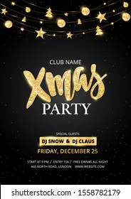 Christmas party poster template. Holiday flyer design, club invitation. Gold sparkling glitter decoration, frame on black background. Christmas party lettering. Free font Open Sans for text. Vector