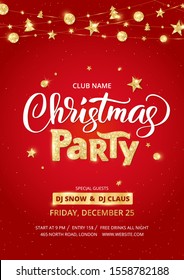 Christmas Party Poster Template. Holiday Flyer Design, Club Invitation. Gold Sparkling Glitter Decoration, Frame On Black Background. Christmas Party Lettering. Free Font Open Sans For Text. Vector