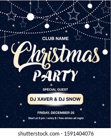 Christmas party poster template. Holiday flyer design, club invitation. Gold sparkling glitter decoration, frame on black background. Christmas party lettering. Vector EPS 10