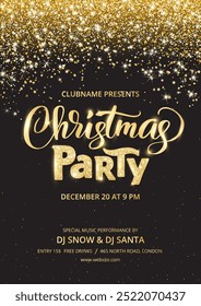 Christmas party poster template. Holiday flyer design, club invitation. Gold sparkling glitter decoration, frame on black background. Christmas party lettering. Free font Open Sans for text. Vector