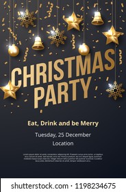 Christmas party poster template with shining gold ornaments. Made of snowflakes, gift, bells, star, christmas ball. Vector illustration 