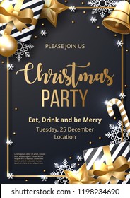 Christmas party poster template with shining gold and white ornaments. Made of snowflakes, gift, candy, bells, star, christmas ball. Vector illustration 