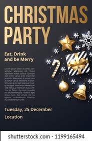 Christmas party poster template with shining gold and white ornaments. Made of snowflakes, gift, candy, bells, star, christmas ball. Vector illustration Christmas party poster template with shining gold and white ornaments. Made of snowflakes, gift, candy, bells, star, christmas ball. Vector illustration