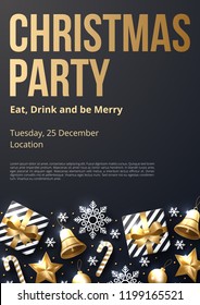 Christmas party poster template with shining gold and white ornaments. Made of snowflakes, gift, candy, bells, star, christmas ball. Vector illustration 