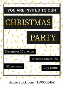 Christmas party poster template with shining gold elements. Holiday background and design banner. Vector stock Christmas Party traditional classic design template. Vector illustration EPS 10