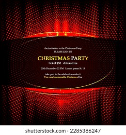 Christmas party poster template with shining gold ornaments. Made of snowflakes, gift, bells, star, christmas ball. Vector illustration