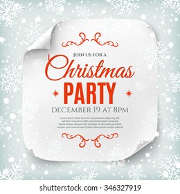 Christmas party poster template with snow and snowflakes. Christmas background. White, curved, paper banner.  Vector illustration.