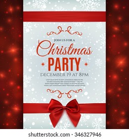 Christmas party poster template with snow and snowflakes. Christmas background with red ribbon and bow. Vector illustration