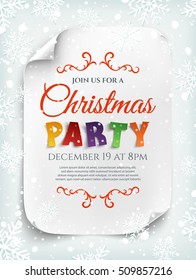 Christmas party poster template with snow and snowflakes. Winter background. White, curved, paper banner.  Vector illustration.