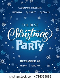 Christmas Party Poster Template, Vector Illustration. Hand Written Lettering, Typography. Background With Falling Snowflakes. Free Font - Open Sans.