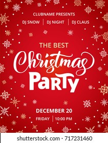 Christmas party poster template, vector illustration. Hand written lettering, typography. Background with falling snowflakes. Free font - Open Sans.
