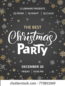 Christmas party poster template, vector illustration. Hand written lettering, typography. Background with falling snowflakes. Free font - Open Sans.