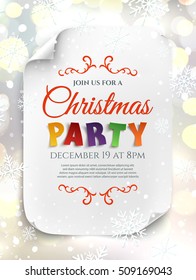 Christmas party poster template. White banner on winter background with snow and snowflakes. Bokeh circles. Vector illustration.