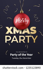 Christmas party poster template. Winter holiday design with red Xmas ball, confetti and calligraphy.