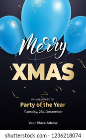 Christmas party poster template. Winter Holiday design with realistic balloons and gold confetti