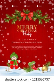 Christmas party poster with typography lettering and handmade textile decoration on wooden background