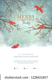 Christmas party poster with typography lettering. Vector winter landscape. Frosty tree and red birds