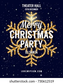Christmas party poster. Vector Christmas background with glittering golden snowflake.