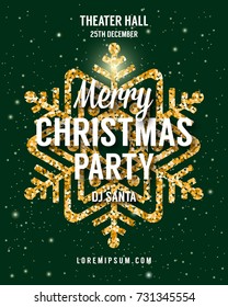 Christmas party poster. Vector Christmas background with glittering golden snowflake.