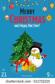 Christmas party poster vector illustration. Invitation poster on christmas party. Xmas celebration poster or Christmas poster design template. 