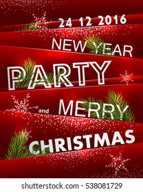 Christmas Party Poster with white snowflakes and dust and fir on red background. Happy New Year Flyer, Holiday Greeting Card, Invitation, Design Template. Vector illustration.