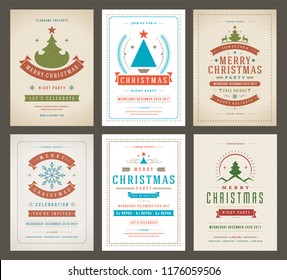 Christmas party posters design set retro typography and decoration elements. Christmas holidays event flyer or invitation. Vector illustration.