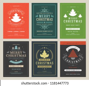 Christmas party posters design set retro typography and decoration elements. Christmas holidays event flyer or invitation. Vector illustration.