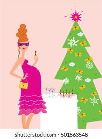 Christmas party. Pregnant woman wearing pink party dress at Christmas event. Vector illustration.