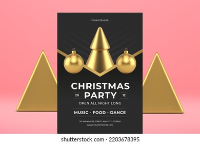 Christmas party premium black flyer template golden hanged spruce bauble realistic 3d icon vector illustration. Xmas event traditional holiday celebration discotheque advertisement decorative poster