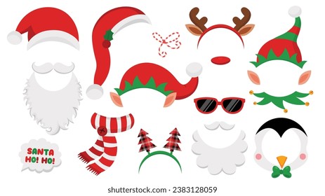 Christmas party props. New year mask,costume cartoon style. Isolated on white background. Vector elements set.