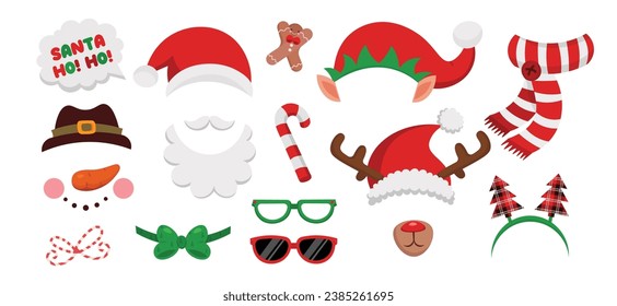 Christmas party props. New year decoration costume cartoon style. Xmas photo booth design. Isolated on white background. Vector elements set.