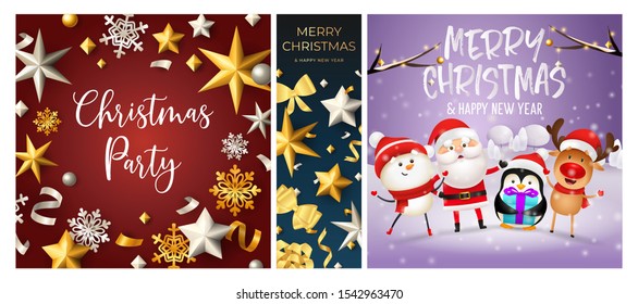Christmas party red, blue, violet banner set with Santa. New Year, Christmas, winter. Calligraphy with decorative design can be used for invitations, post cards, announcements