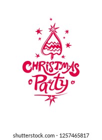 Christmas Party Red Logo. Template for the holiday party. Handwritten font and Christmas tree and stars vector pattern.