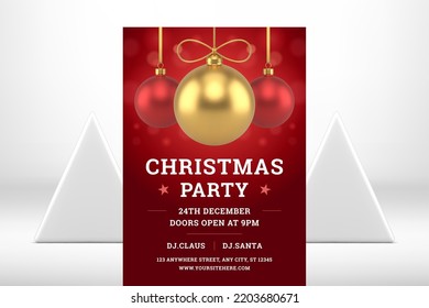 Christmas party red premium promo flyer template design hanged golden ball toy realistic 3d icon vector illustration. Xmas music event nightclub discotheque invitation announce poster spruce bauble