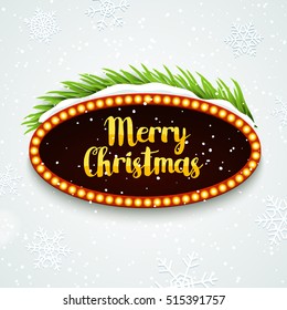 Christmas Party retro sign poster design template with snow and tree branch. Xmas frame greeting decoration