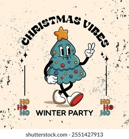 Christmas party. Retro style cartoon character label template Christmas tree. Vector illustration of mascot in trendy vintage comic style