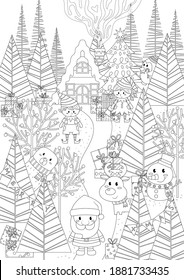 Christmas party at Santa Claus house. Little house in pine jungle with christmas tree santa claus elves reindeer penguin and polar bear. Winter christmas vector illustration cartoon coloring page.