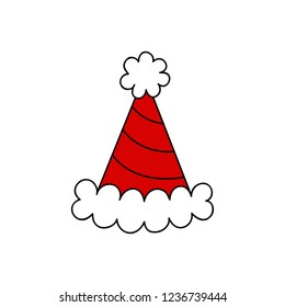 Christmas party, santa hat vector outlined illustration icon. Festive, seasonal, holiday, celebration hat with stripes and pompom, bobble, isolated.
